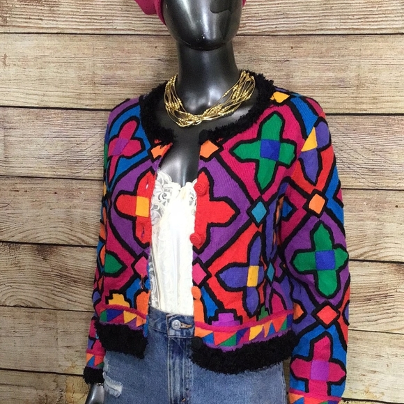 Michael Simon Sweaters - 90's Michael Simon Psychedelic Print Cardigan Sweater